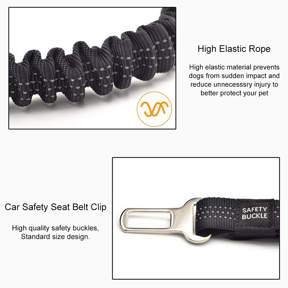 Dog Leash Adjustable Length - Reflective Nylon Webbing- High Elasticity Retractable Indestructible Dog Leash with Car Seat Belt Clip for Large & Medium Dogs Training, Walking and Car Travel (black)