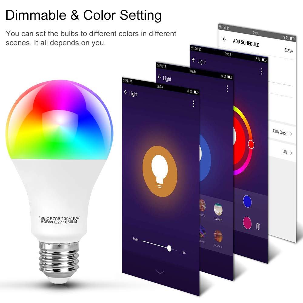 Smart Bulb WiFi Light, Dimmable Multicolored Light Bulbs（10W）, Smartphone Controlled Daylight & Night Light, No Hub Required,Free APP Remote Control, Works with Alexa(1 Pack)