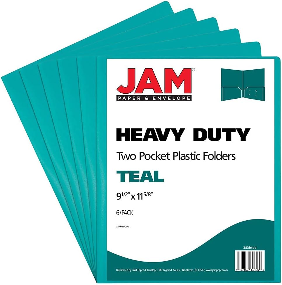 JAM PAPER Heavy Duty Plastic 2 Pocket School Folders - Teal Blue - 6/Pack : Office Products