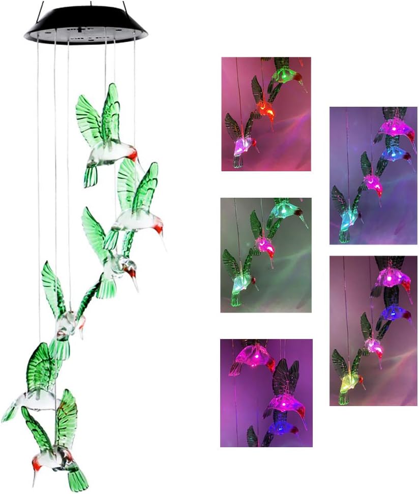 BeHiller Hummingbird Solar Lights Chimes Changing Color Bird Solar Hanging Lights Six LED Hummingbird Lights Mobile Wind Chimes Outdoor hummingbird lights for Garden Gifts Decoration (Six Hummingbird) : Garden & Outdoor