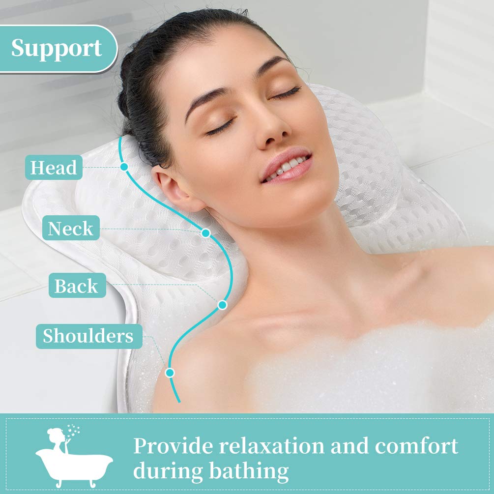 Bath Pillow for Tub Neck and Back Support, Luxury Bathtub Pillow Rest 3D Air Mesh Breathable Spa Pillow with Powerful Gripping Technology 6 Powerful Suction Cups, Comfortable Soft Bath Tub Pillow : Beauty