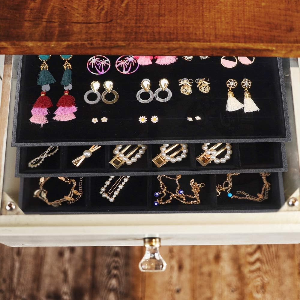 Mebbay Stackable Velvet Jewelry Trays Organizer, Jewelry Storage Display Trays with Full Artificial Leather Cover for Drawer, Earring Necklace Bracelet Ring Organizer, Set of 3 (Black): Home & Kitchen