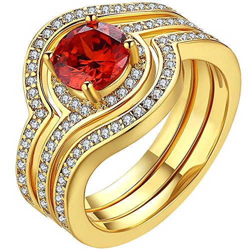 LWLH Womens 18K Yellow Gold Infinity Knot Design Round Red Cubic Zirconia Ring Set Wedding Band Szie 8
