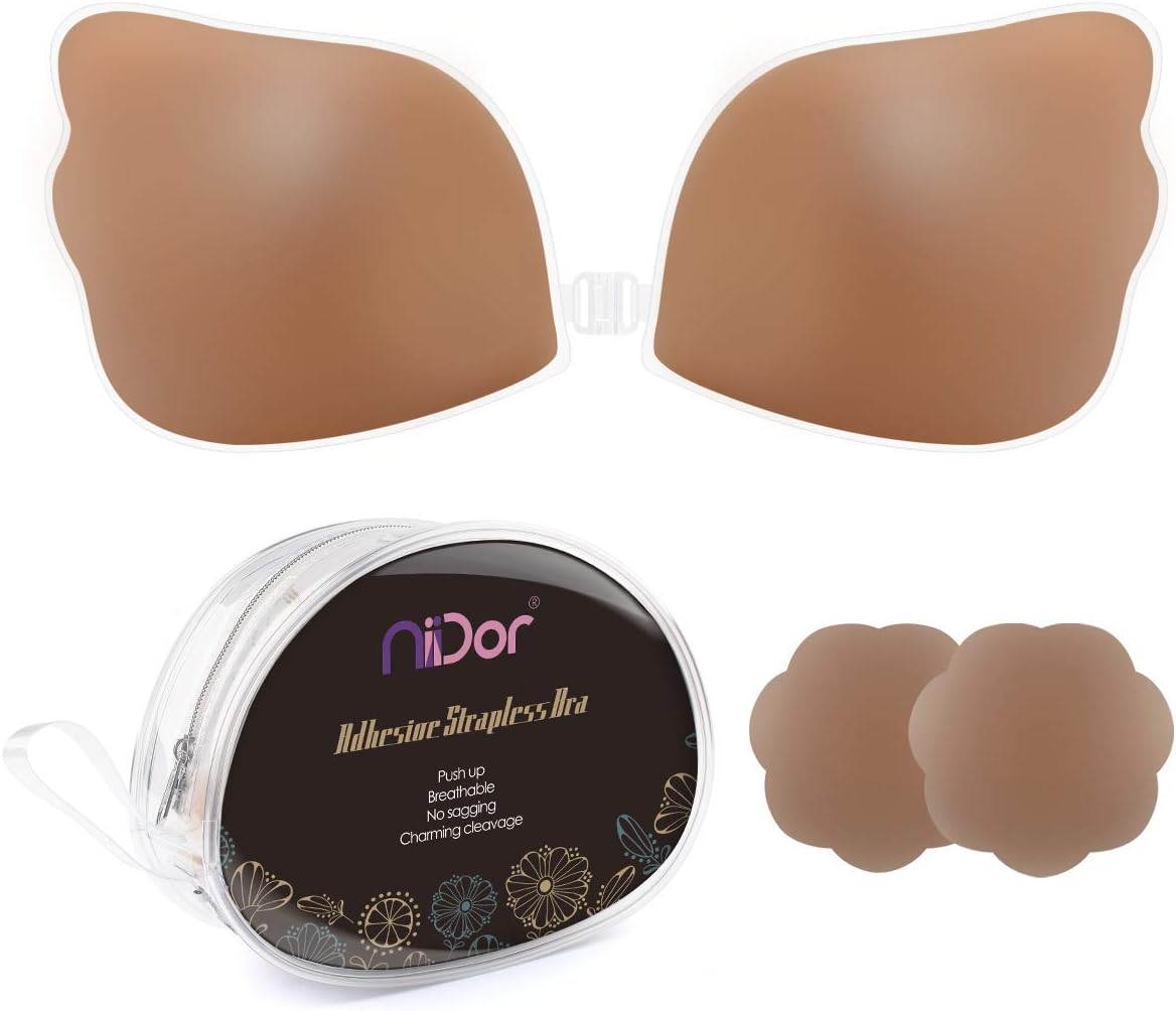 Niidor Adhesive Bra Strapless Sticky Invisible Push up Wing-Shape Silicone Bra for Backless Dress with Nipple Covers
