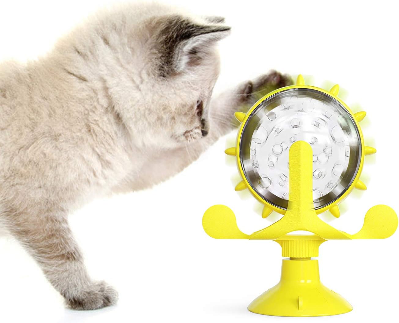 Rotating Wheel-Shaped Cat Food Treat Dispenser Toy,Windmill Cat Toy with Suction Cup,Indoor Interactive Toys,Slow Feeder Toy for Cats Kitten (Yellow)