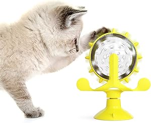 Rotating Wheel-Shaped Cat Food Treat Dispenser Toy,Windmill Cat Toy with Suction Cup,Indoor Interactive Toys,Slow Feeder Toy for Cats Kitten (Yellow)