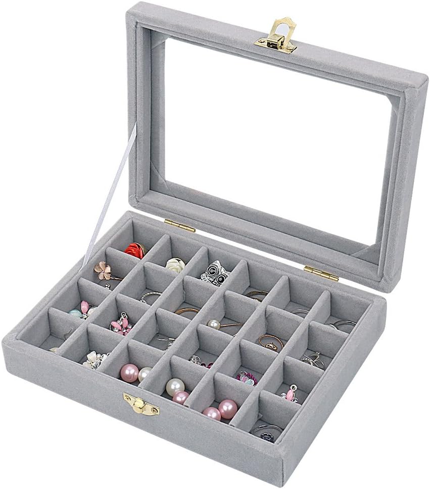 Lantwo 24 Grids Velvet Glass Ring Earrings Jewelry Box Earrings Organiser Storage Holder Display Case