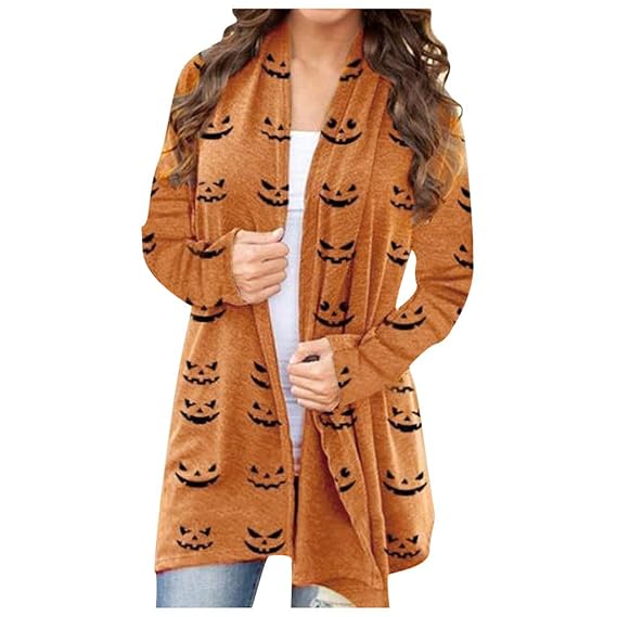Buy Women's Halloween Animal Cat Pumpkin Print Cardigan Coat, Newest Womens Halloween Pumpkin 