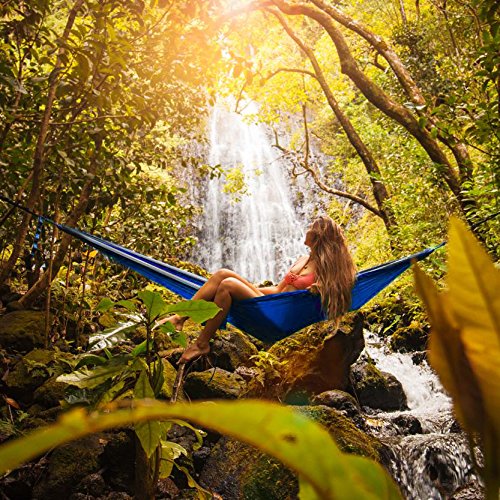 Kamileo Double Camping Hammock, Lightweight Nylon Portable Hammock with Sleep Mask and Tree Straps, for Camping Backpacking Outdoor Beach Yard (Blue)