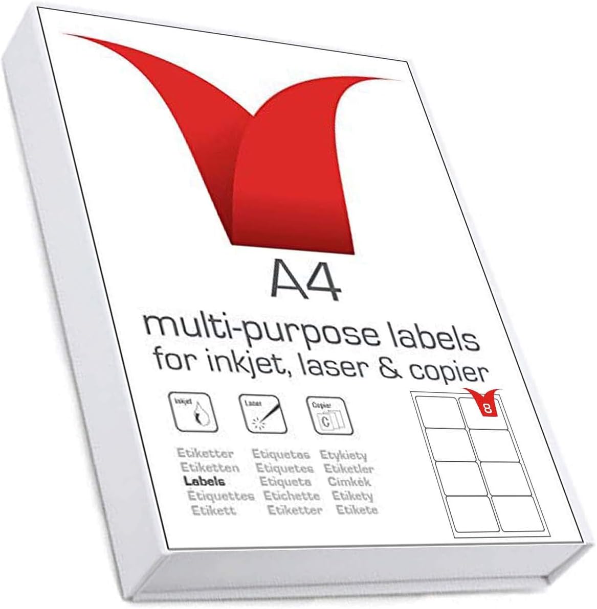 Multi-Purpose A4 White Self-Adhesive Labels - Die Cut 99.1 x 67.7mm - 8 Labels per Sheet - 100 Sheets per box/800 Labels per Pack