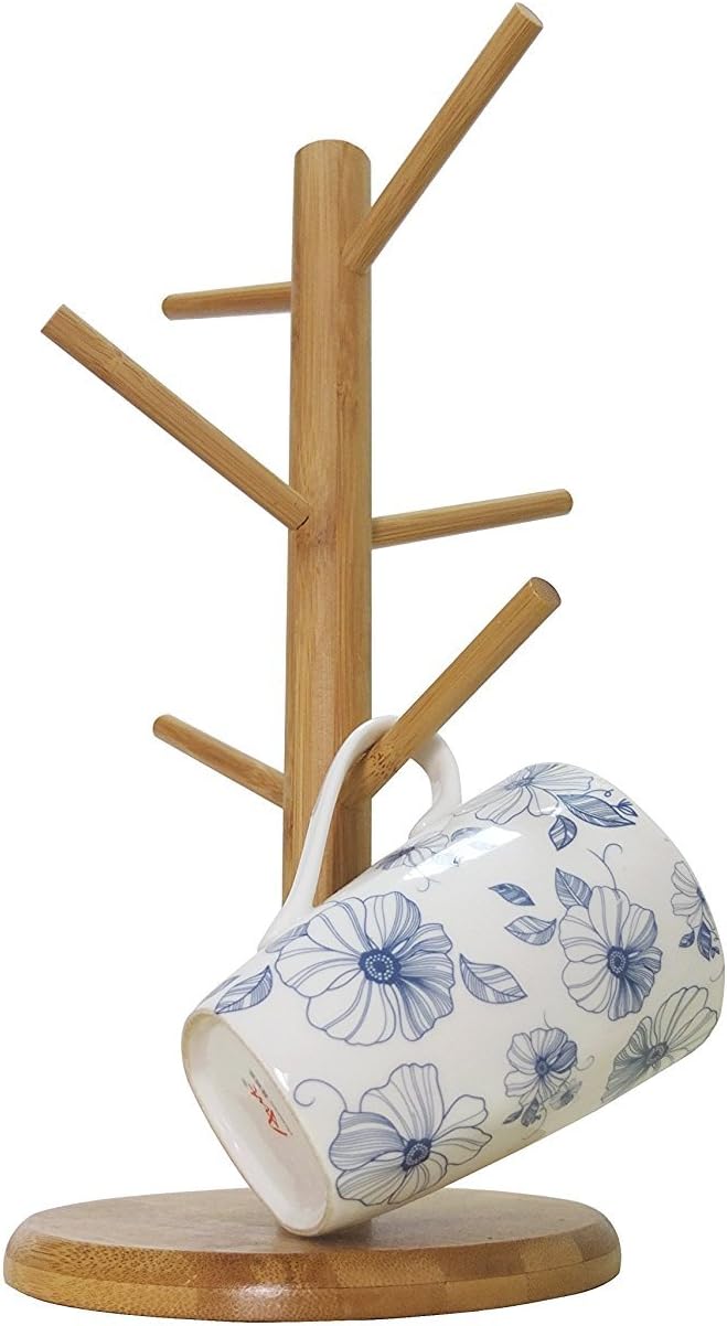 Bamboo Mug Tree Rack Stand with 6 Storage Hooks, Hold and Dry Large Coffee Mugs or Cups