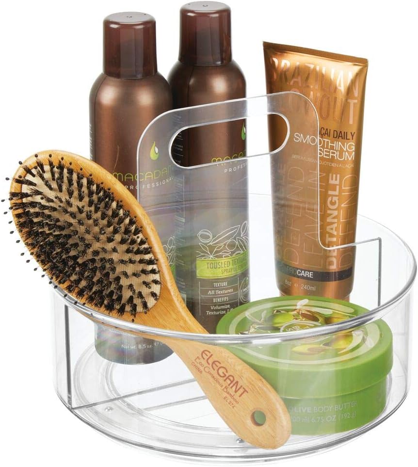 mDesign Deep Plastic Spinning Lazy Susan Turntable Storage Caddy Tray - Portable Rotating Vanity Organizer for Makeup, Cosmetics, Beauty Care, Hair Spray, Eyeshadow Pallets - Clear