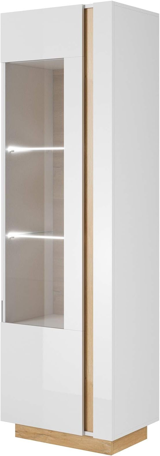 MHF Arco White 5 Tall Display Cabinet 60cm Wide Glass Door Living Room White High Gloss Modern LED Lights