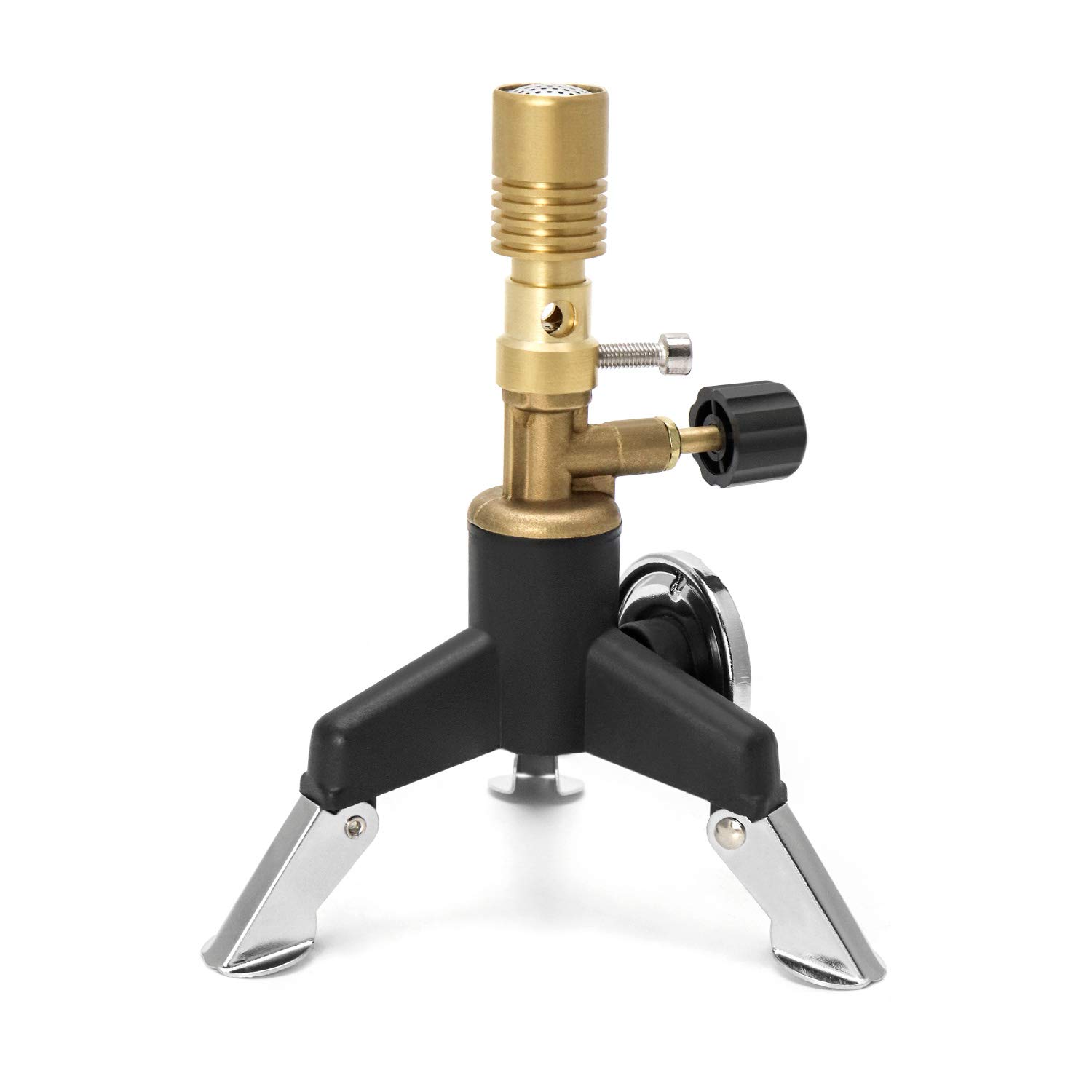 QWORK Lab Premium Brass Portable Bunsen Burner with Tripod, Designed for Butane Canister with Gas and Air Adjustment, for Heating, Cooking, disinfecting, Welding