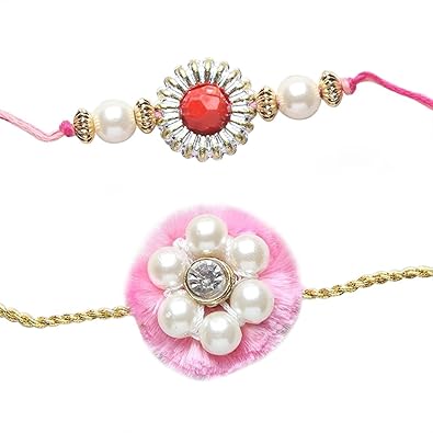 Set Of 2 Raksha Bhandan Rakhi Twisted Gold Zari Dori Opulent Pearlescent Beaded Colored Pompom Rakhi Set With Greeting Card Amazon In Jewellery