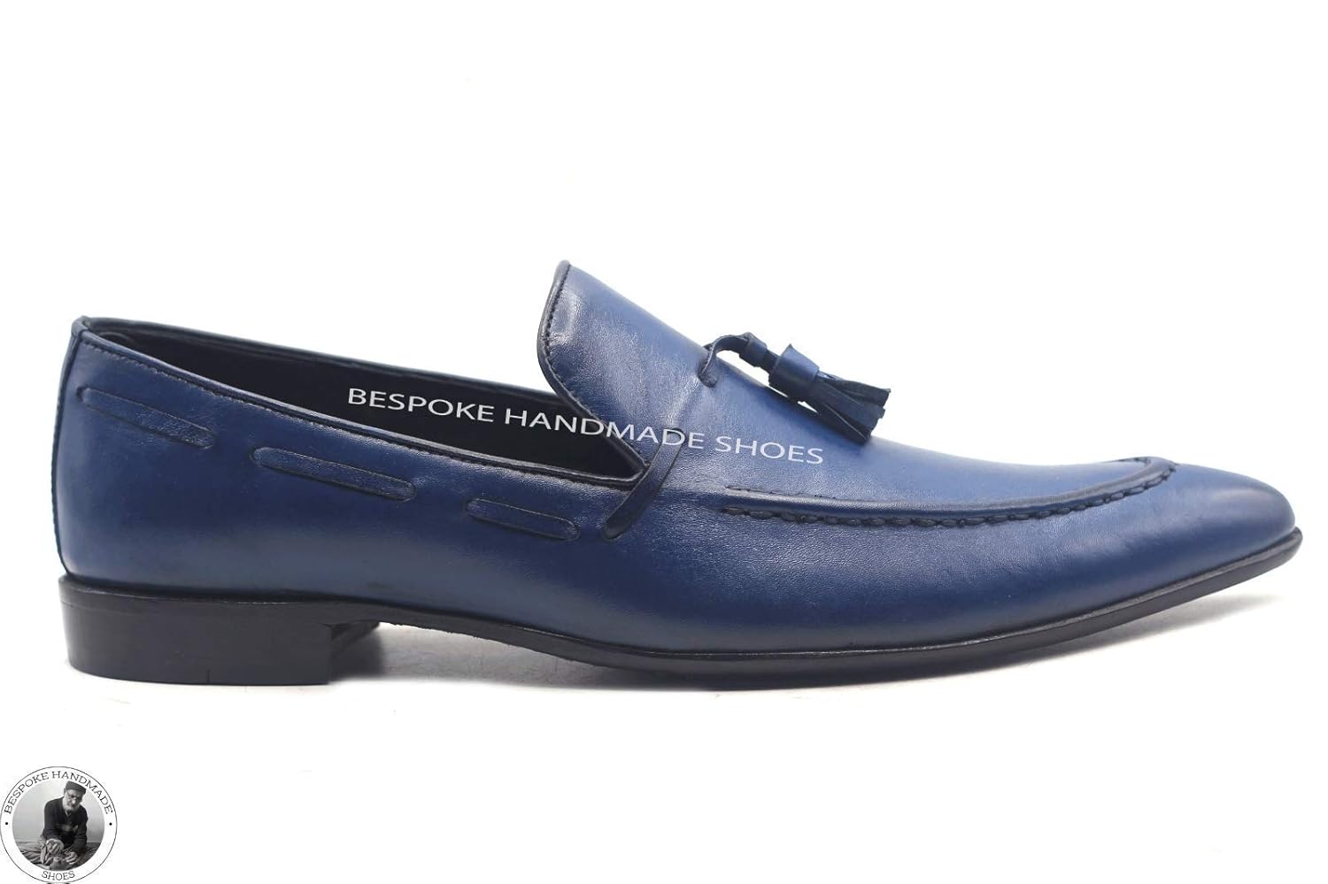 blue leather moccasins