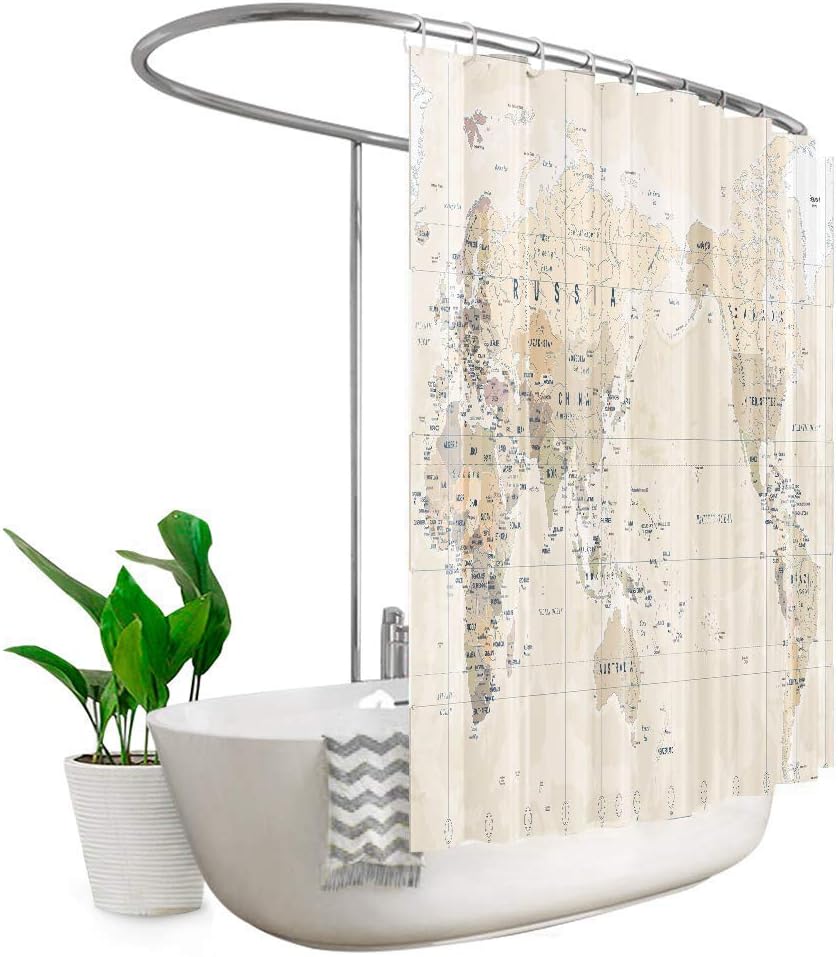 Riyidecor Extra Wide World Map Clawfoot Tub Shower Curtain 108Wx72H Inch 18 Pack Metal Hooks Kids Boys Geography Adventure Awaits Vintage Decor Bathroom Fabric Polyester Waterproof