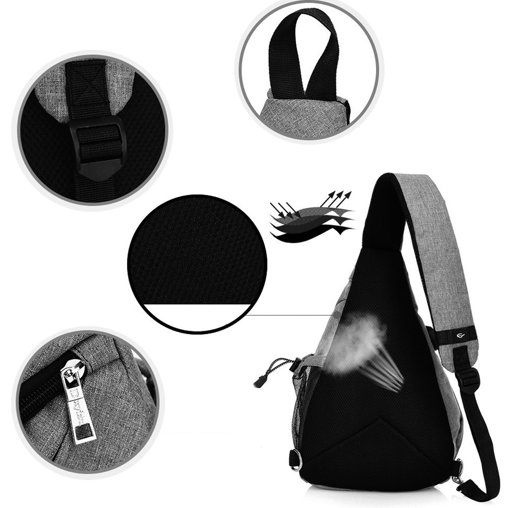 Sling Bag Chest Shoulder Backpack SINOKAL Casual Crossbody Shoulder Triangle Packs Daypacks for Men Women Canvas Digital Camera Bags with Charging Port for Sport Outdoor Gym Travel Hiking (Grey)