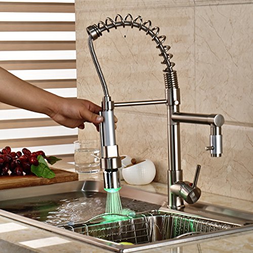 Rozin® Deck Mount Single Hole Kitchen Sink Faucet LED Light Pull Down Sprayer Mixer Tap Brushed Nickel