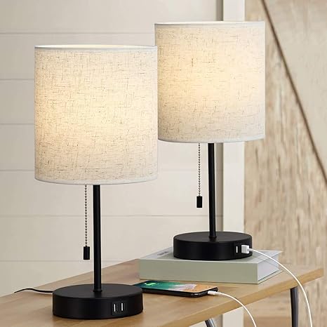 Usb Table Lamp Set Of 2 Bedside Nightstand Lamp With Dual Usb Charging Ports Fabric Shade Desk Reading Lamp For Living Room Bedroom Office Amazon Com