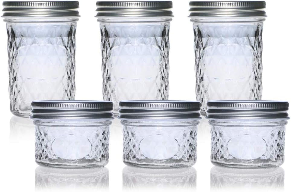 Luxcathy Mason Jars, Set of 6, Quilted Crystal Jelly Jars with Lids 250ML (10Oz) X3 + 100ML (4Oz) X3 for Food Canning, Preserving, and Storing