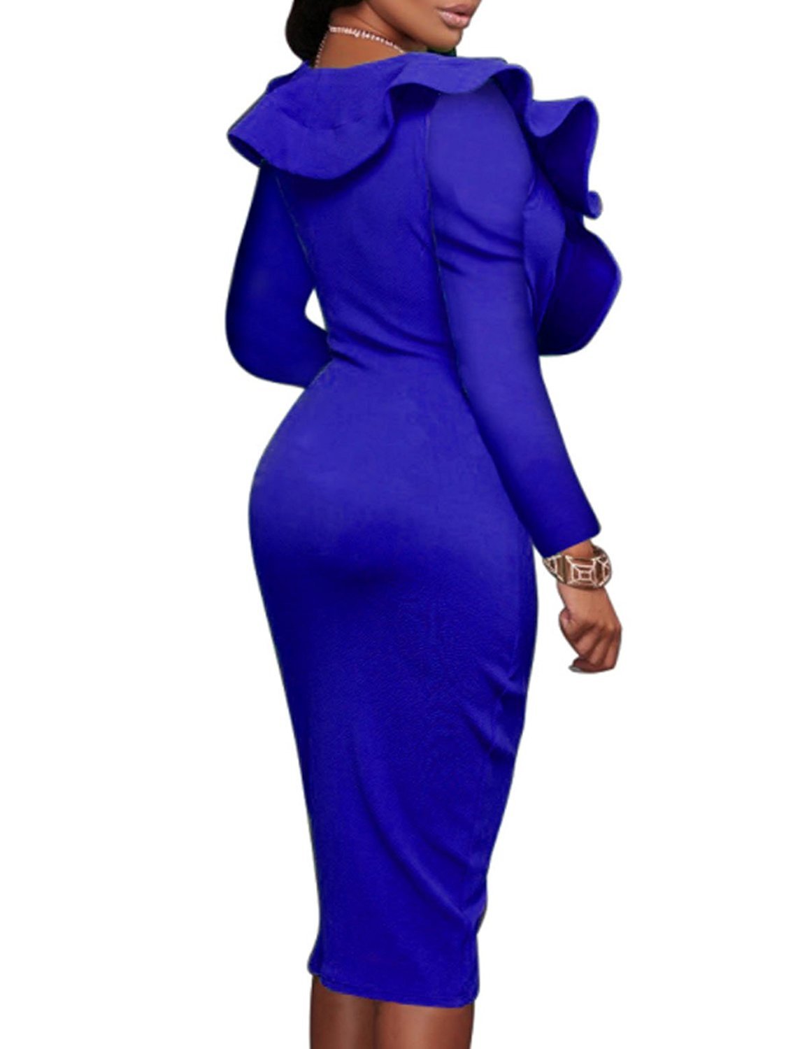 Women V Neck Ruffles Long Sleeve Solid Tight Wrap Bodycon Midi Dress dark blue S
