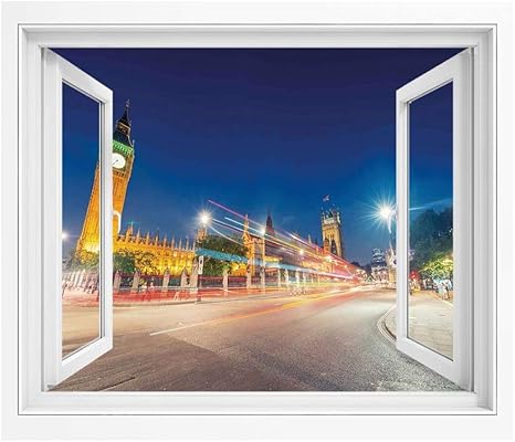Amazon アーバン 偽窓ステッカー 絵画風 Pvc壁紙 100x70 Cm ビッグベンとウェストミンスター宮殿議会広場ロンドンイングランド 窓ポスター インテリア 壁飾り 風景ステッカー 剥がせるブルーシルバーイエローの夜景 ウォールステッカー オンライン通販