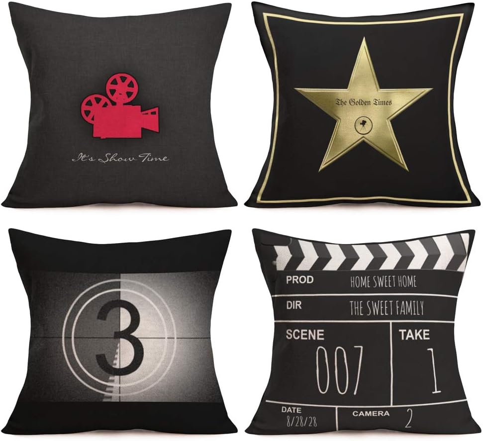 Asamour Movie Theater Cinema Personalized Throw Pillow Covers Cotton Linen Vintage Black Film-making Style Movie Projector Clapper Board Printed Home Decor Cushion Cover Pillow Case Set of 4,18''x18''