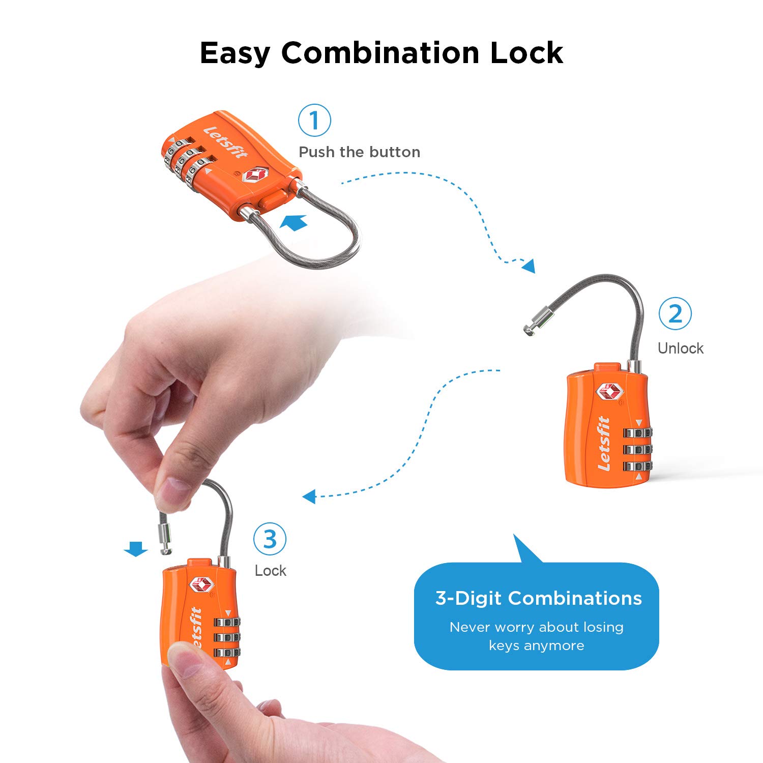 TSA Approved Luggage Locks, Letsfit Travel Combination Cable Luggage Locks, Easy Read Dials, Alloy Body - Ideal for Travel, Lockers, Bags, 4 Pack Orange