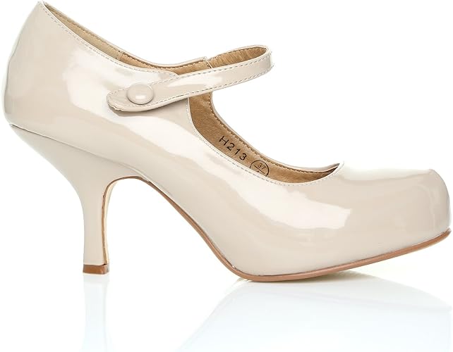 Amazon.com | H213 Women's Patent PU Leather Kitten Mid Heel Nude Mary Jane Shoes Size 10 | Pumps