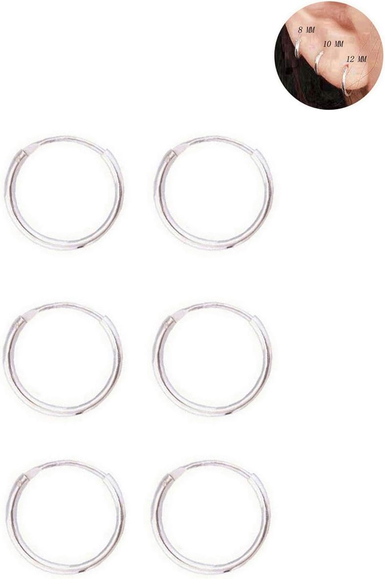3 Pairs Sterling Silver Small Endless Hoop Earrings Set, Unisex Cartilage Earrings Piercing Jewelry for Women Men Girls