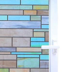 Niviy Privacy Window Covering Brick Stained Glass Window Film Waterproof Static Window Cling, 17.7" by 78.7" No Adhesive Glass Window Decor for Bathroom/Kids Room/Sliding Door, 1 Roll