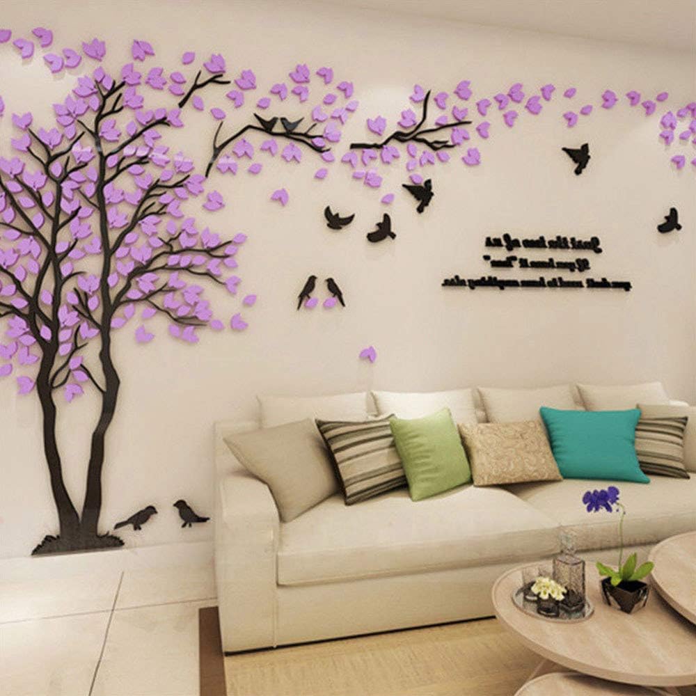 Springdoit 3D Acrylic Wall Sticker Wallpaper, Beautiful Acrylic Bird 3D Tree Pattern Home Decoration Wall Sticker (Light Purple)