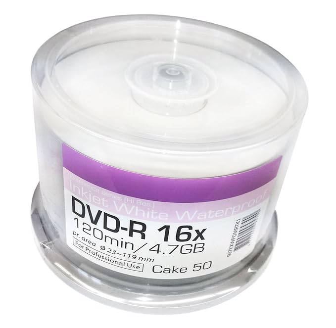 50 Glossy Bedruckbare DVD-R Rohlinge 4,7GB Ritek Waterproof PRO Excellence Hi Res Inkjet Wide Printable, glänzende wasserfest