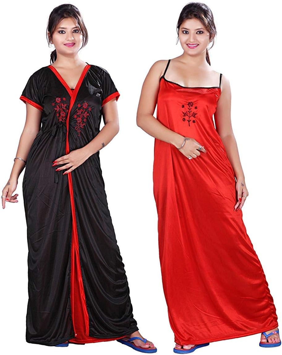 Women's Satin Maxi Night Dress (Pack of 2) (Satin Nighty Red Black_Red & Black)