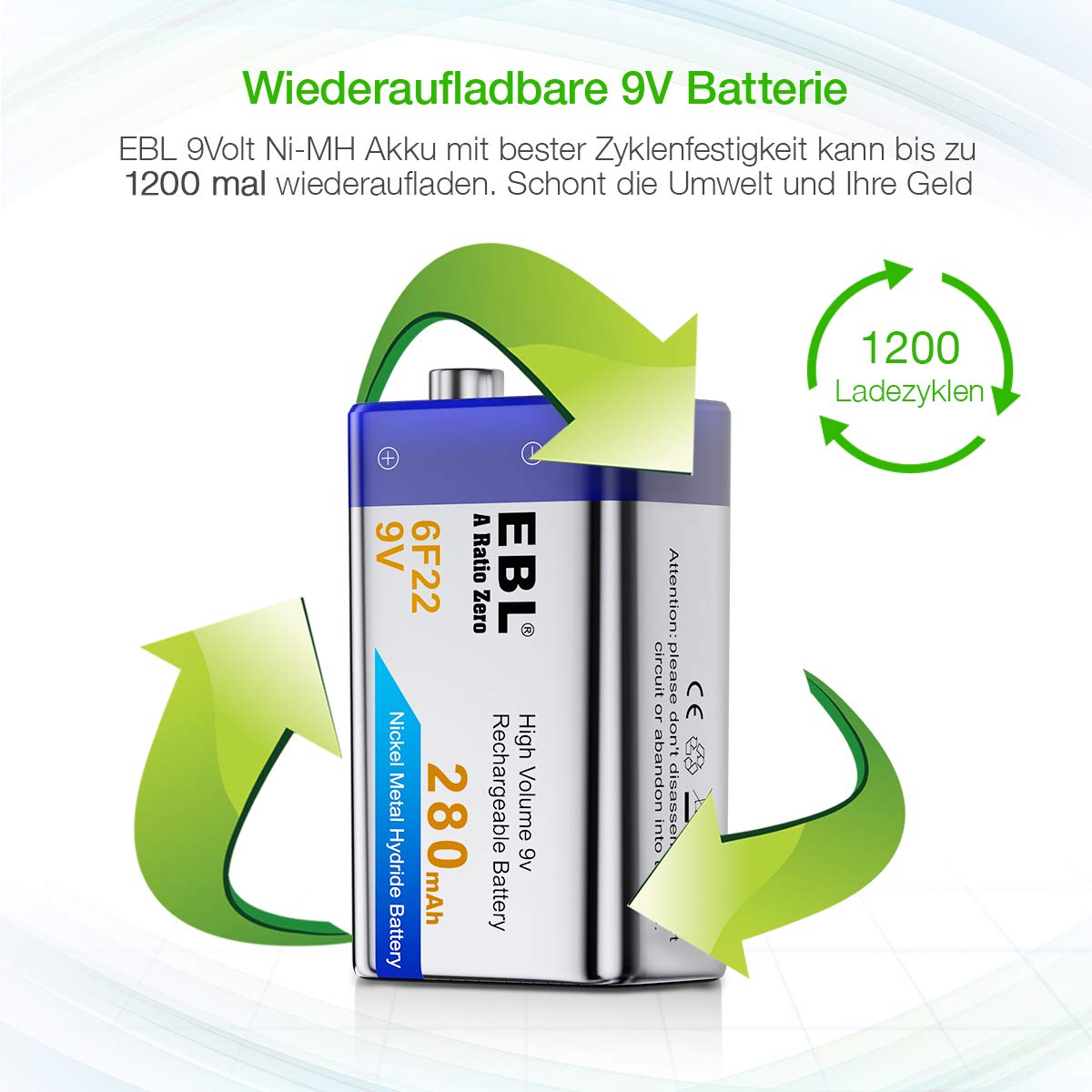 EBL 280mAh 9Volt Block Ni-MH wiederaufladbare 6F22 9V Akku 4 Stück