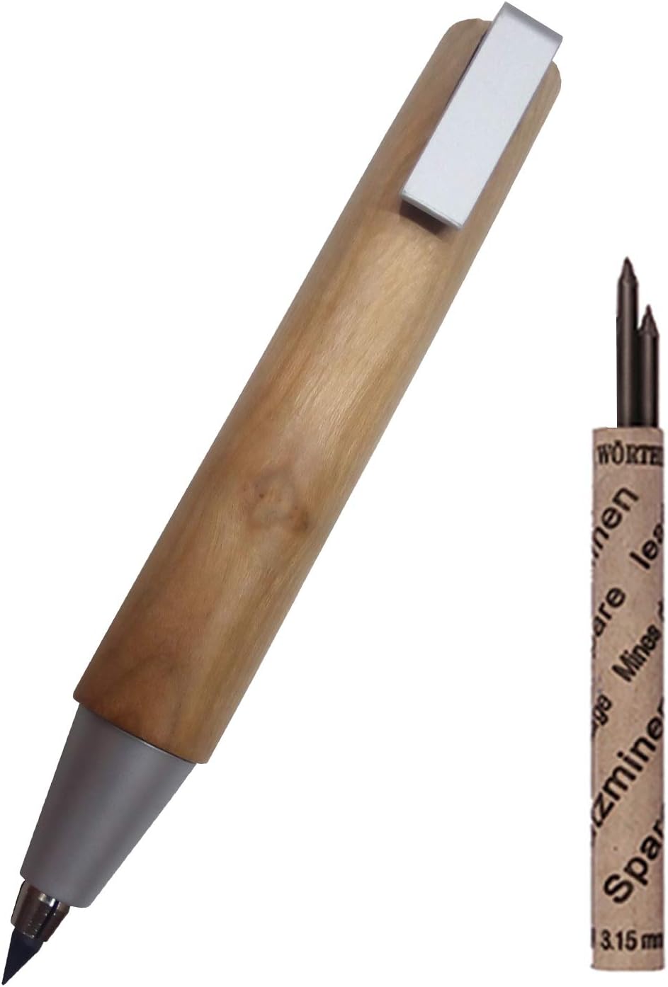 Worther Shorty Cherry Wood Drop Clutch Mechanical Pencil With Aluminium Clip and Tip, Thick 3.15mm Soft 7B Graphite Lead For Drawing Writing Sketching 105x12mm, 14g Made In Germany - 18310