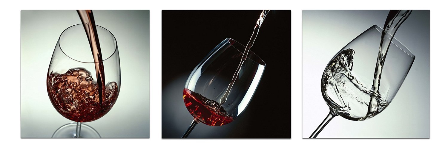 Wieco Art Wine and Cups Canvas Prints Wall Art Vintage Picture Painting Ready to Hang for Dining Room Kitchen Home Decor 3 Panels Modern Stretched and Framed Contemporary Beverages Giclee Artwork