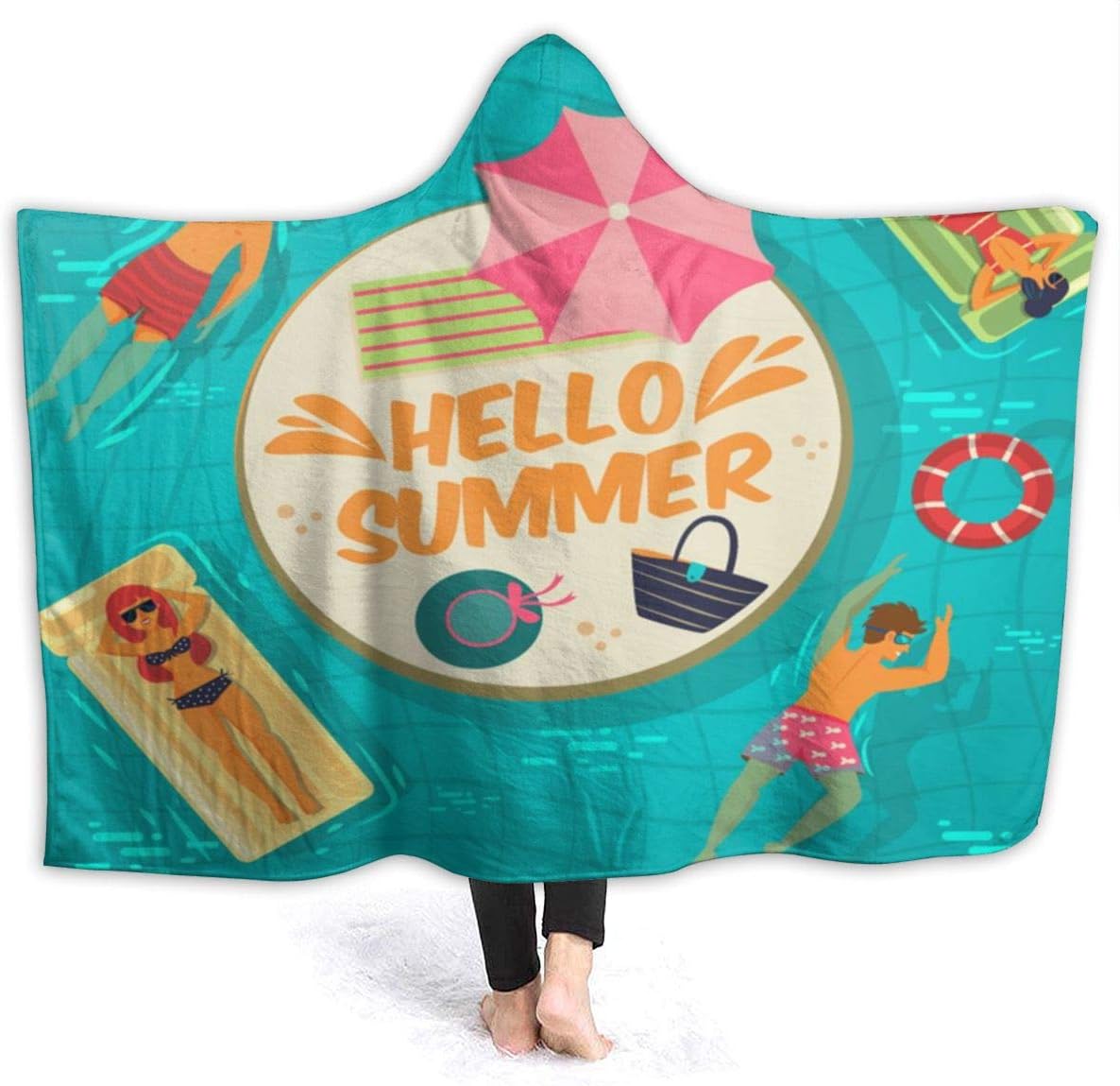 US336FEI Hooded Blankets,Summer Swimming Pool Novelty Sherpa Plush Fleece Wearable