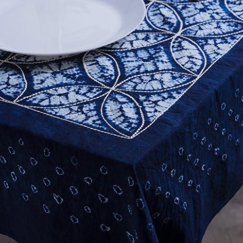 100% Cotton Tie Dye Handmade Dinner Tablecloth 44 Inch by 44 Inch (White and Indigo, Leaves Pattern, Square)