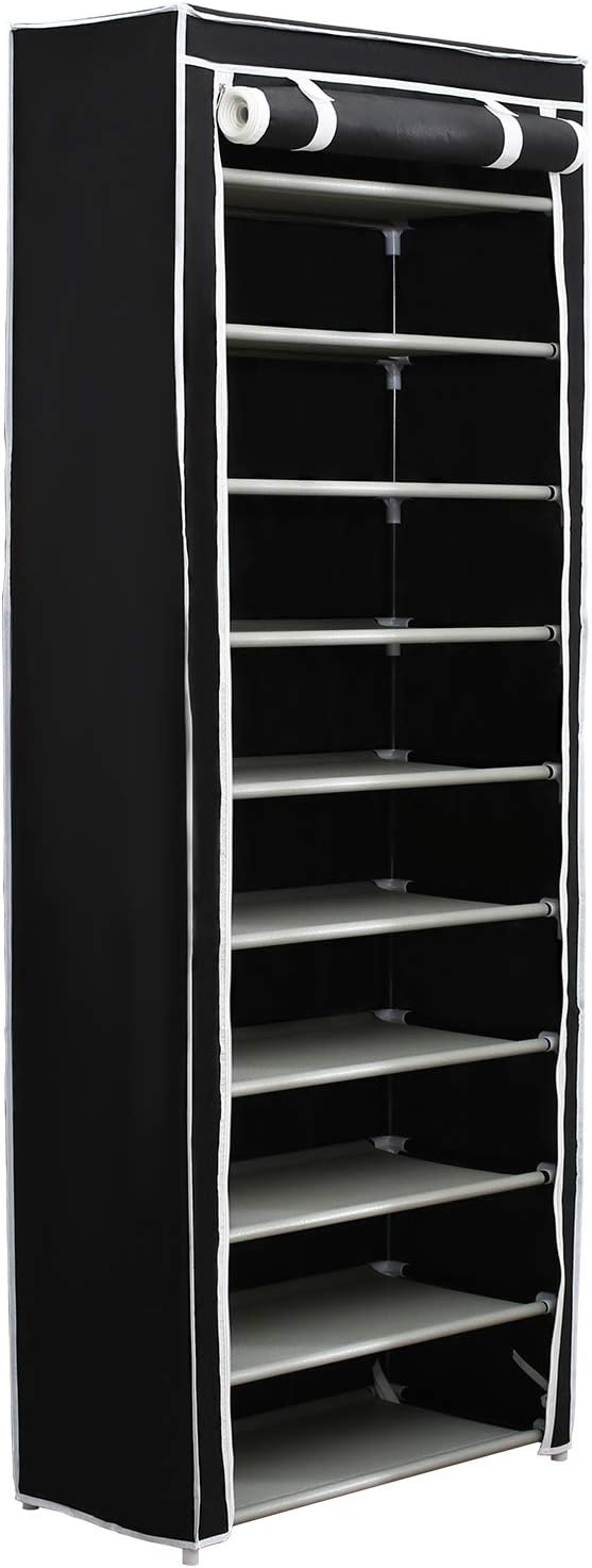 durable shoe rack on Homebi 10 Tier Shoe Rack Tower Portable Storage Organizer 30 Pair Space Saving Shoe Case Cabinet With Dustproof Non Woven Fabric Cover And 10 Durable Shelves Black Storage Organization Home