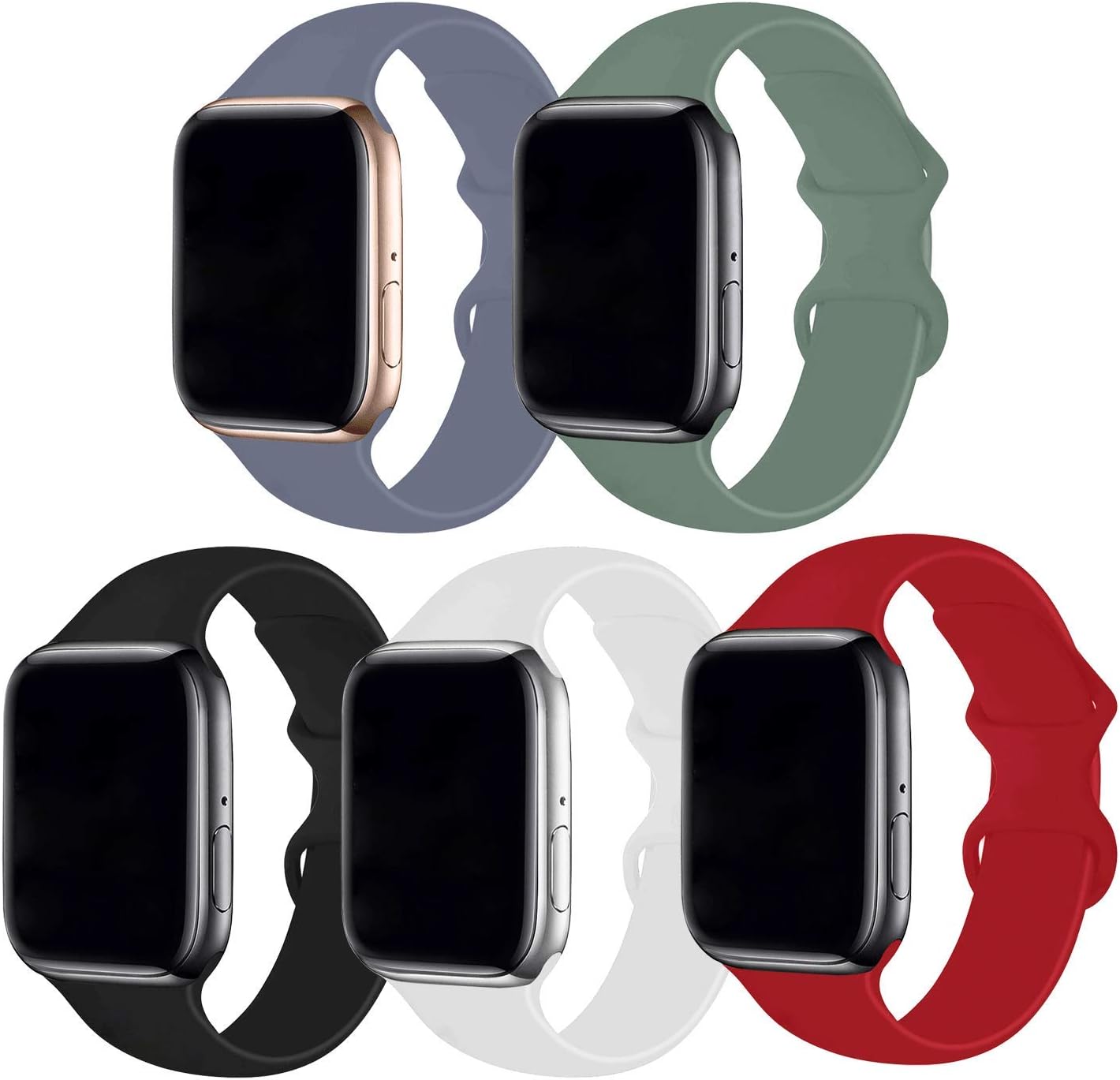 Bifeiyo 5 Pack Compatible with Apple Watch Band 38mm 40mm SM,Soft Silicone Sport Replacement Straps Compatible for iWatch Series6/5/4/3/2/1/SE(Lavender Gray/Pine Green/Black/White/Red)