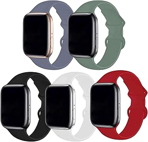 Bifeiyo 5 Pack Compatible with Apple Watch Band 42mm 44mm SM,Soft Silicone Sport Replacement Straps Compatible for iWatch Series6/5/4/3/2/1/SE(Lavender Gray/Pine Green/Black/White/Red)