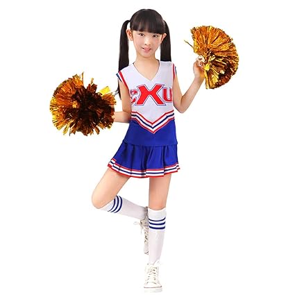 Kinder Mädchen Cheerleader Kostüm Cheerleading Uniform Karneval Fasching Party Kleid Halloween Kostüm mit 2 Pompoms Socken
