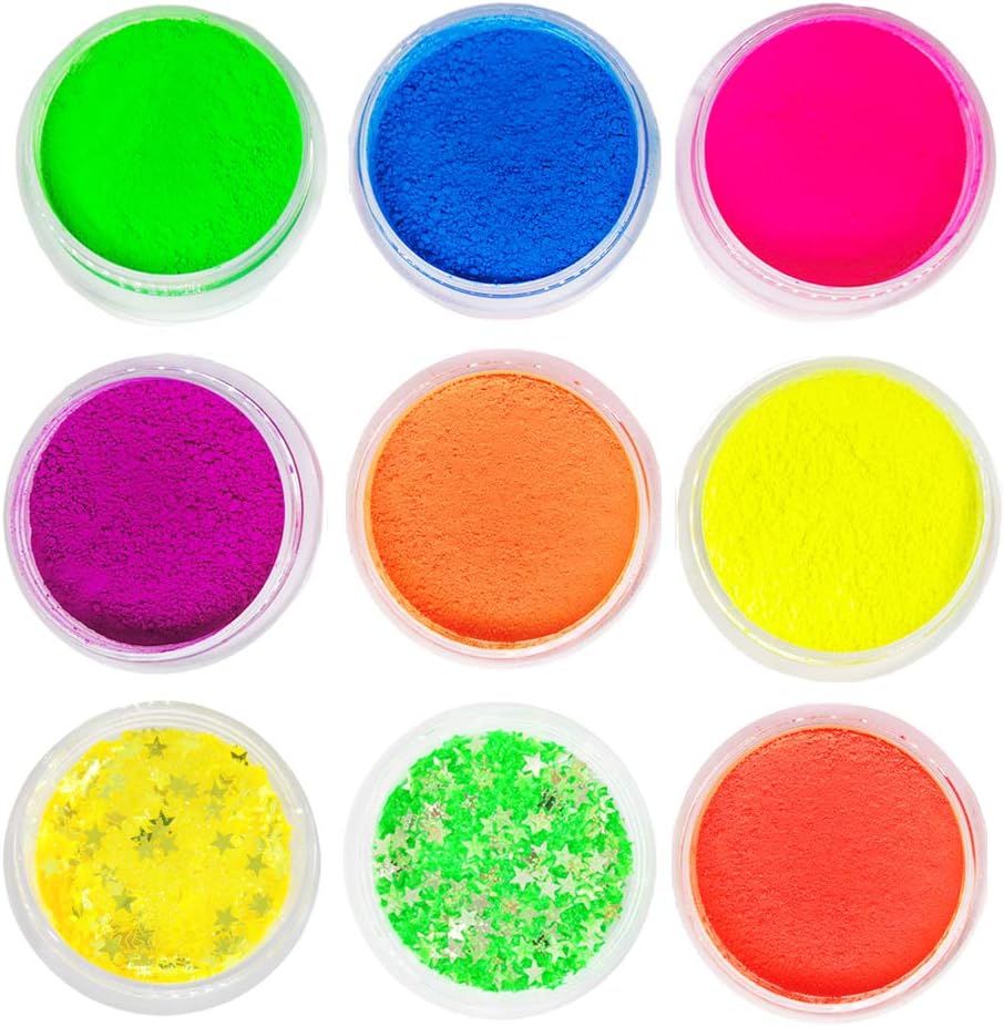 Neon Pigment Eyeshadow Powder, MSJiA 9 Mixed Bright Matte Colors UV Glow Blacklight Luminous Pigments Fluorescent Glitter Mica Dye Colorant Makeup Kit