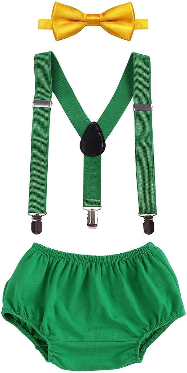 Infant Baby Boy 1st First Birthday Cake Smash Outfit Halloween Christmas Cartoon Costume Y-back Suspenders Bow Tie Bloomer Dipaer Cover Shorts Pants 3pcs Set Photo Props Green 02 One Size