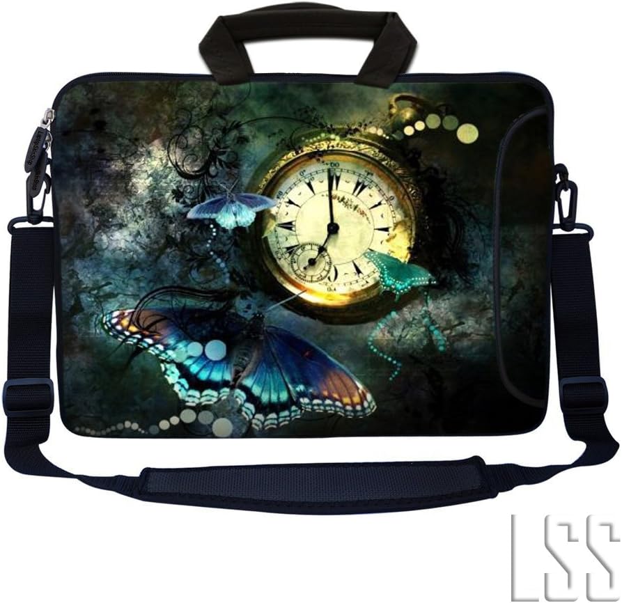 LSS 13.3 inch Laptop Sleeve Bag Notebook with Extra Side Pocket, Soft Carrying Handle & Removable Shoulder Strap for 12" 12.1" 13" 13.3" Apple MacBook Air, GW, Acer, Aspire Asus, Dell, HP, Sony, Toshiba, Samsung - Clock Butterfly Floral