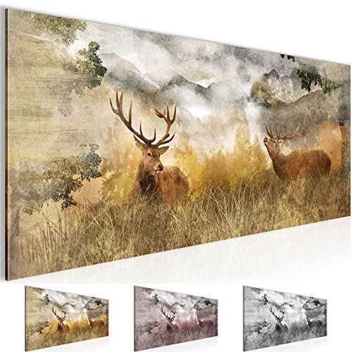 Murando Hirsch Leinwandbild 150x50 Cm - HandArt Kunstdruck Mit Acrylgel Struktur