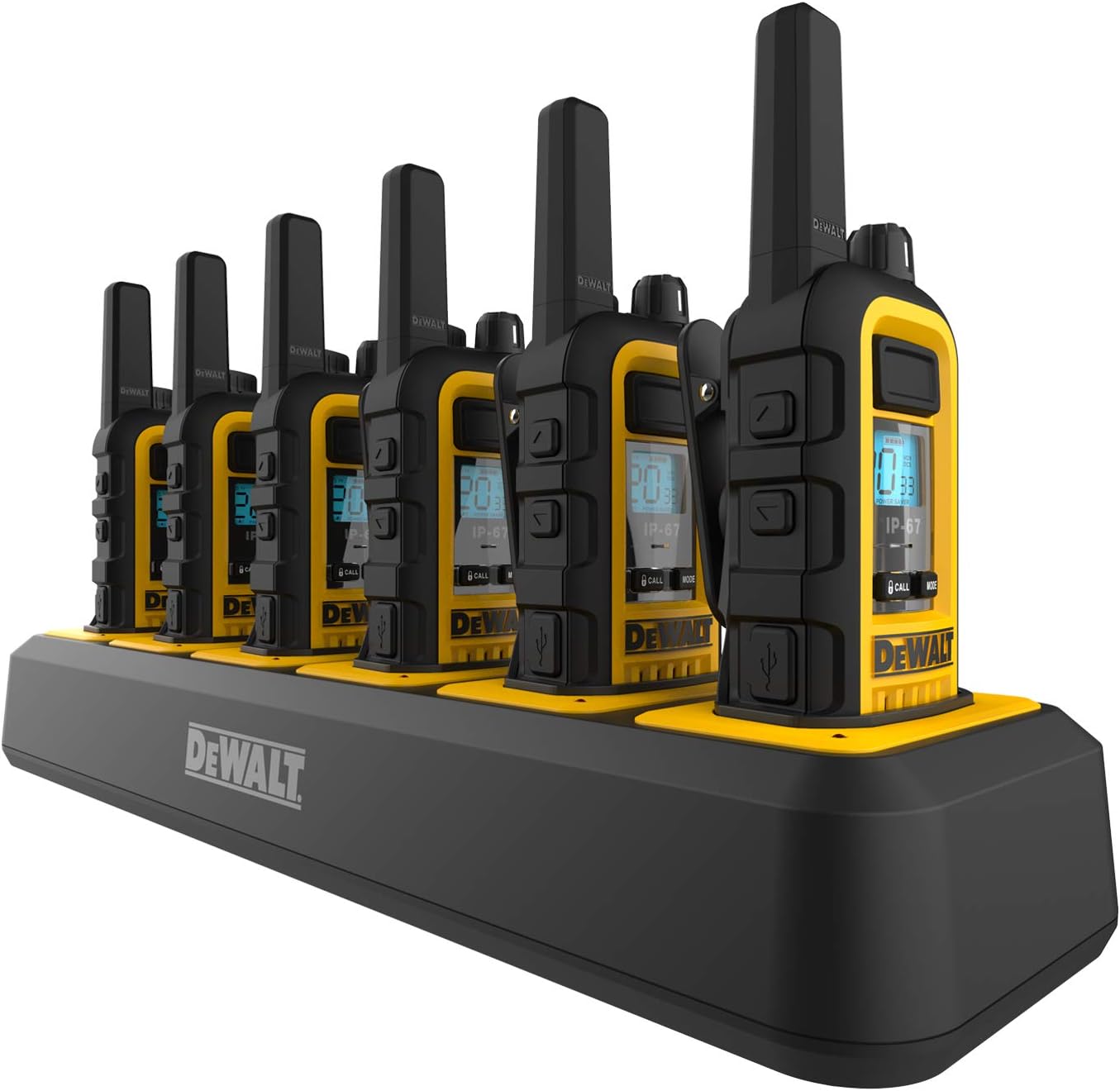 DEWALT DXFRS300 1 Watt Heavy Duty Walkie Talkies - Waterproof, Shock Resistant, Long Range & Rechargeable Two-Way Radio with VOX (6 Pack w/ Gang Charger) (DXFRS300-BCH6)