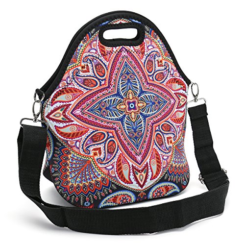 Insulated Neoprene Lunch Bag-Removable Shoulder Strap-X Large Size Reusable Thermal Thick Lunch Tote/Lunch Box/Cooler Bag With Wallet Pouch Fr Adults,Kids,Women,Men Teens,Girls,Baby (Colorful Flowers)